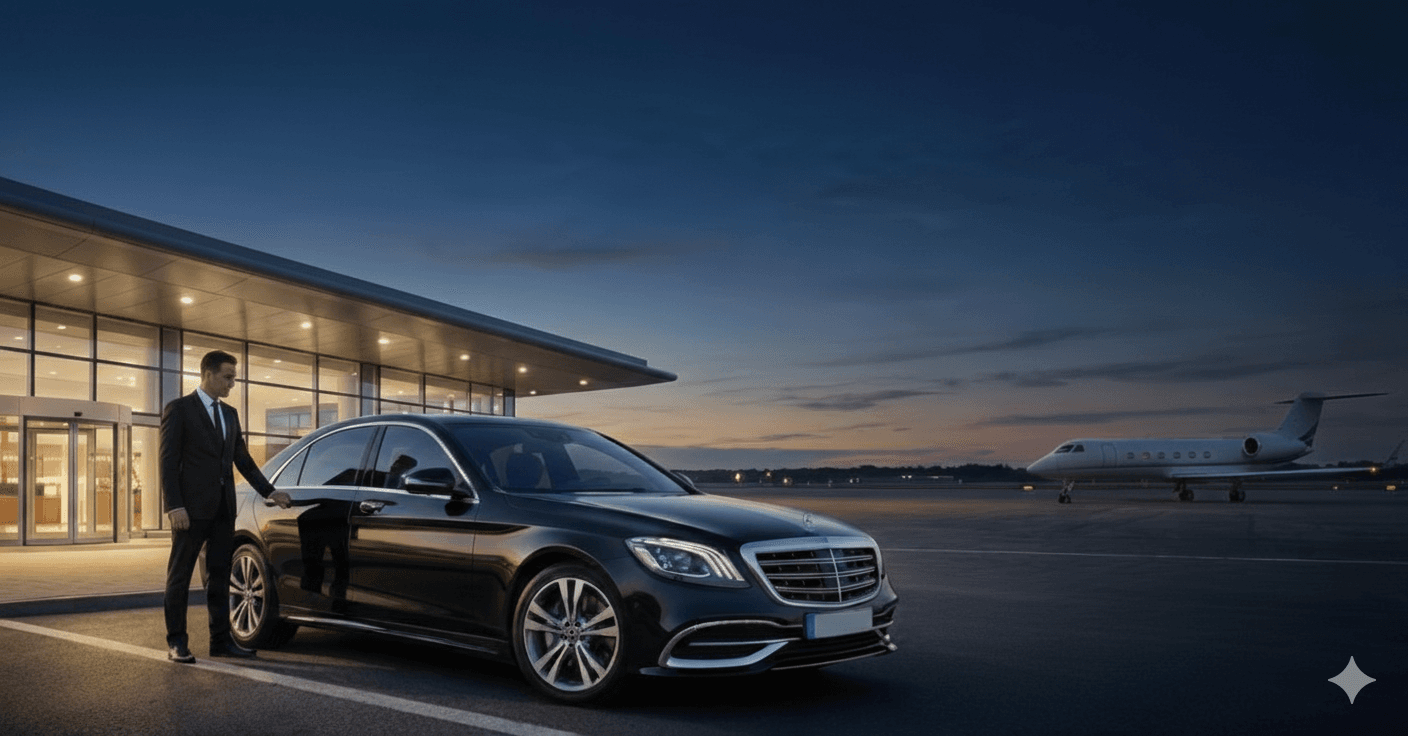 A luxury car driving on a scenic road at dusk.